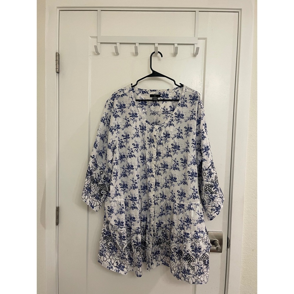 Ellos Cotton Cottagecore Babydoll Mini Dress Blue Floral 3x Flowy